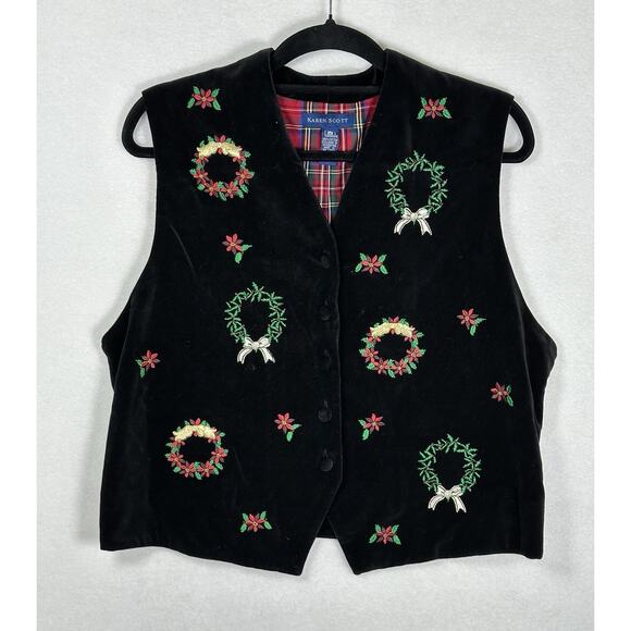 Karen Scott Black Velvet Ugly Christmas Holiday Vest Embroidered Wreaths Size L - Picture 1 of 6